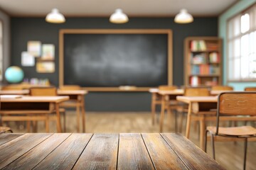 Interior design of an empty classroom with wooden desks and a chalkboard, creating a focused learning environment during daytime