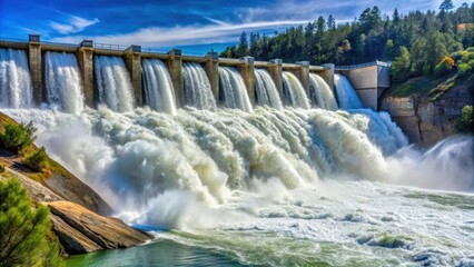 Water spills over the top of Englebright Dam on the Yuba River