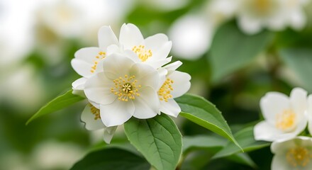 Obraz premium Beautiful white jasmine flowers blooming in spring garden.