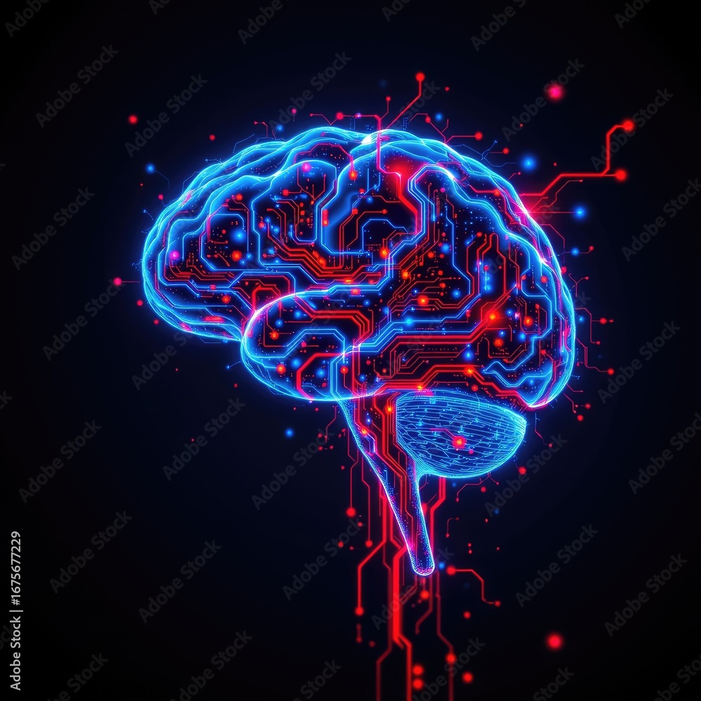 Poster blue and red futuristic brain with circuit design on dark background representing artificial intelli