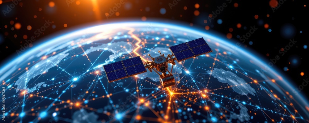 Poster high-tech satellite orbiting earth surrounded by digital connectivity and data transfer streamlines 