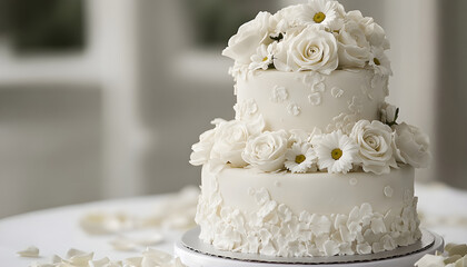 Fototapeta premium Three-tiered wedding cake with white fondant base, intricate floral designs. White roses, daisies adorn cake, creating sophisticated look. Scattered rose petals surround cake, emphasizing