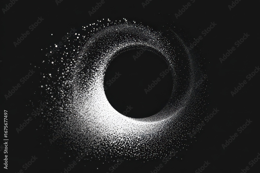 Poster Minimalist arc of dots creating a broken circle design emphasizing elegance and simplicity with a dark background highlighting the light particles