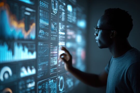 Data analyst interacts with interactive visualizations in a modern workspace powered by big gigapixel technology for insightful analytics - Powered by Adobe