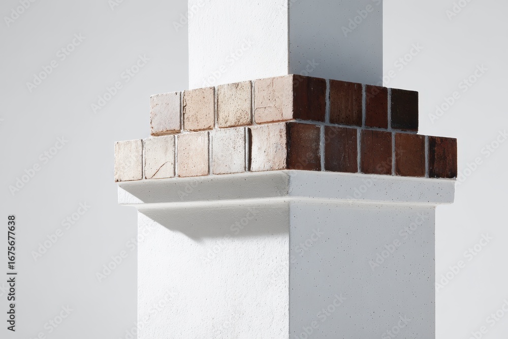 Poster side view of a white pylon stand featuring a brick accent with a clean design against a minimal back