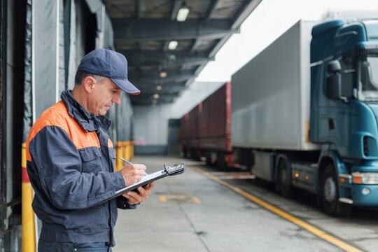 Truck drivers conducting vehicle inspection at loading dock during overcast weather in a busy logistics facility