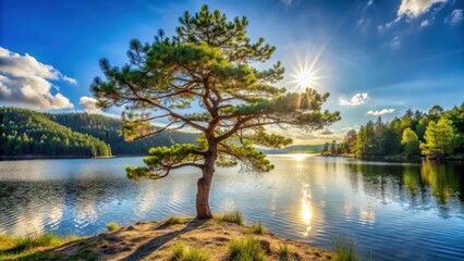 A lone pine tree stands tall near a serene lake