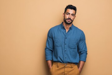 Fototapeta premium Confident middle eastern man standing against a warm-toned background, showcasing style and poise during a casual indoor setting