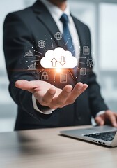 Businessman holding cloud technology icons data network