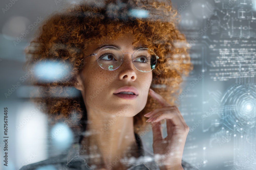 Poster woman discusses advancements in technologies with interactive digital displays in a modern workspace