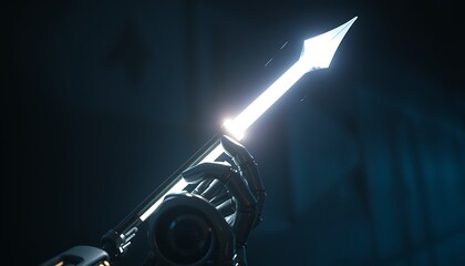 Fototapeta premium Robotic Hand Holding Glowing Arrow with Sharp Point in Dark Setting robot hand mechanical hand