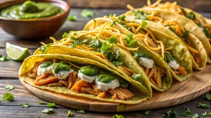 Crispy tacos dorados filled with shredded chicken and topped with fresh green salsa verde sauce and crispy tortilla strips