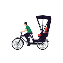 A man is depicted riding a cycle rickshaw, a mode of transportation.
