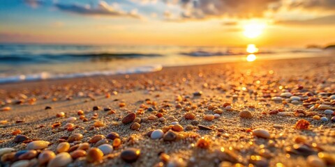 Obraz premium Fine grain sand with tiny shells and small pebbles on a beach at sunset