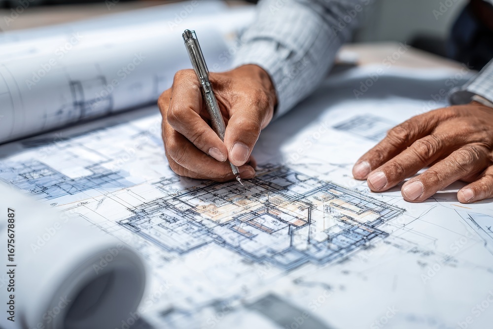 Poster architect engages in detailed drawing of blueprints in a modern workspace, showcasing expertise and 