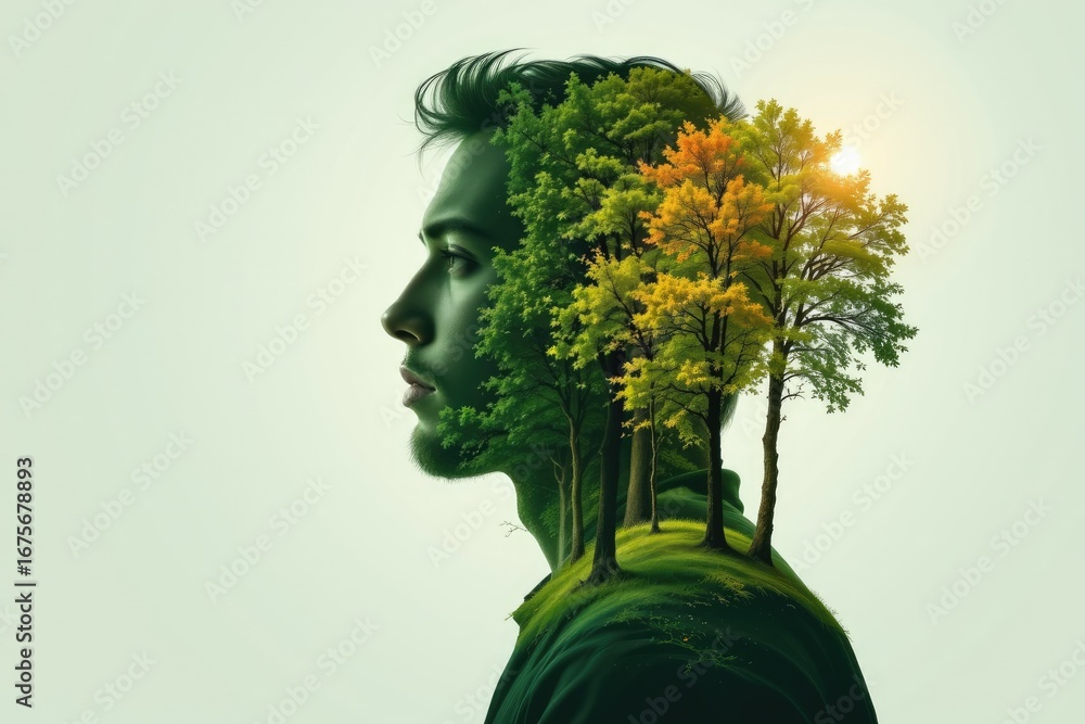 Poster man silhouette merging with nature featuring vibrant trees and soft glow of sunset in a creative art