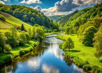 Obraz premium serene river flowing through lush green valley surrounded by trees and hills