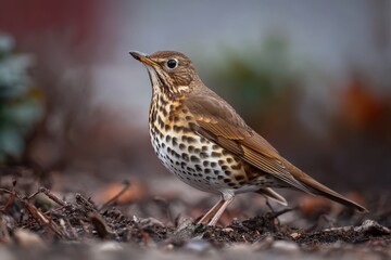 Detailed view of a song thrush showcasing its distinctive plumage and behavior in a natural setting during autumn