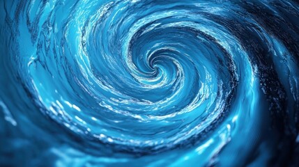 Close-up view of a swirling blue water vortex creating a dynamic spiral pattern with shimmering reflections and fluid motion