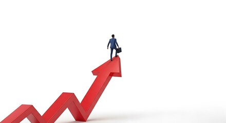 A businessman stands atop a red arrow pointing upwards, isolated on white background, symbolizing success, growth, and achieving business goals