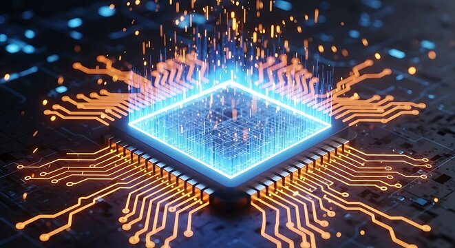 A closeup of a computer chip with glowing blue and orange lights, showcasing modern technology and advanced circuit design for data processing