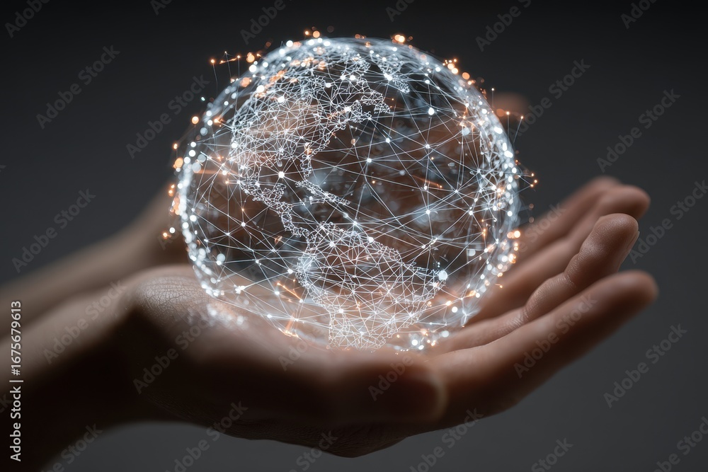 Poster hands hold a glowing digital network globe, symbolizing global connectivity and technological advanc