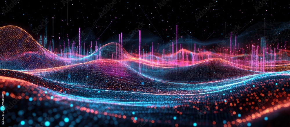 Poster abstract digital landscape with glowing particles and data waves.