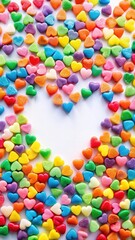 Obraz premium Rainbow-colored candy hearts scattered on a white background with a few pieces stuck together