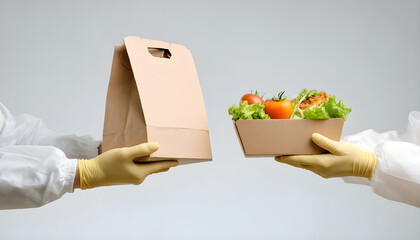 Covid-19 quarantine, takeaway, fast food and proper nutrition from restaurant. Couriers hands in protective gloves give containers of meal to client isolated on white background