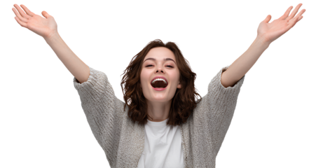 a beautiful woman in a white dress, excited and celebrating, isolated on a transparent background 