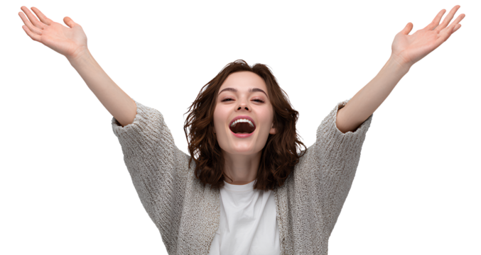  a beautiful woman in a white dress, excited and celebrating, isolated on a transparent background 