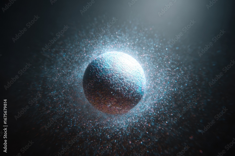 Poster luminous orb pulsates within vibrant, grainy space, illuminating the surroundings with shimmering li