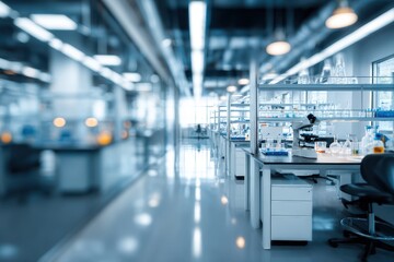 Abstract blurred depiction of a modern science lab interior showcasing workspace, equipment, and a clean, organized environment for innovative research activities