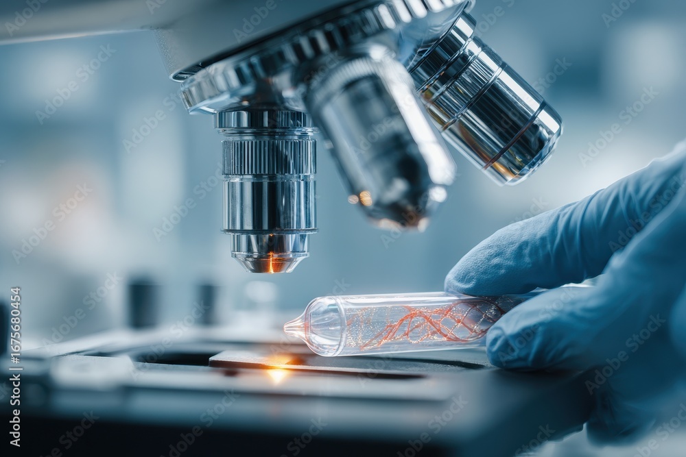 Poster exploration of dna samples in a biotechnology research lab using advanced microscopy techniques at a