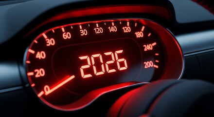 A closeup of a car dashboard speedometer displaying the year 2026 in red digital numbers, symbolizing the future of automotive technology