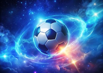 Glowing neon soccer ball appears to be floating in space against a stunning
