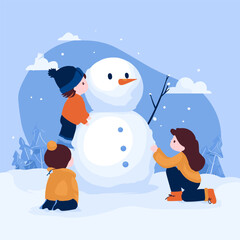 Children Making Snowman Together in Winter