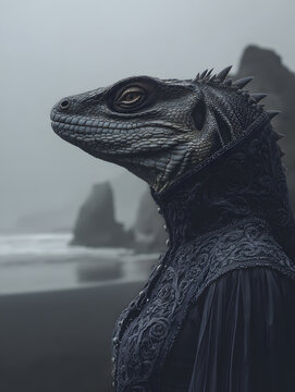 An iguana faced aristocrat in ornate black regalia surveys a fogbound