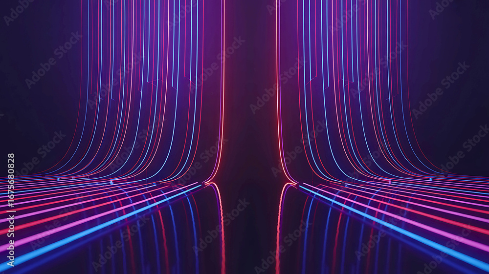 Poster a mesmerizing abstract background featuring a digital waterfall of flowing blue and magenta neon lig