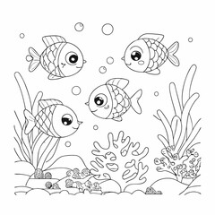 Coloring book or coloring page for kids fish black and white vector marine background
