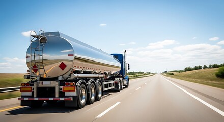 A shiny tanker truck transports fuel on a sunny highway, symbolizing the vital role of petroleum in modern transportation and the global supply chain