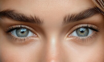 Obraz premium Close-up of a person's eyes with clear blue irises, thick natural eyebrows, and smooth skin, evoking a sense of calm and focus