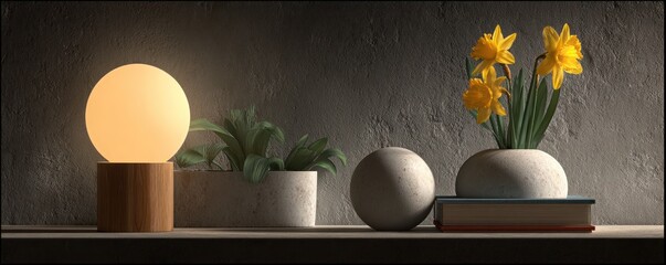 Interior with Lamp Plant and Daffodils