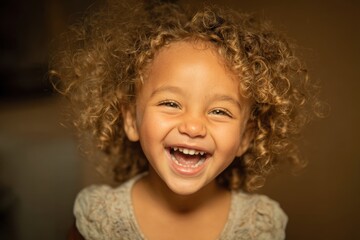 Young child joyfully laughing with bright curls at home during late afternoon, capturing pure happiness and innocence in a natural setting