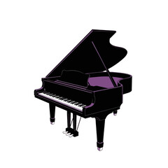 A stylized, three-dimensional illustration of a grand piano, highlighted with subtle purple accents, presented against a dark background.