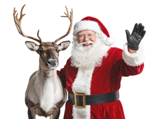 Santa Waving Beside Reindeer, Front Angle, Transparent PNG