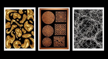 Abstract Art Collection Golden Organic Shapes Textured Patterns Neural Network.