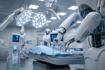 Robotic arms performing automated medical procedures in a modern surgical environment equipped with advanced technology