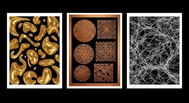 Abstract Art Collection Golden Organic Shapes Textured Patterns Neural Network.