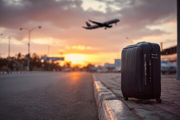Black suitcase rests on curb during sunset as an airplane departs from the airport in the distance, capturing a moment of travel anticipation and serene evening beauty